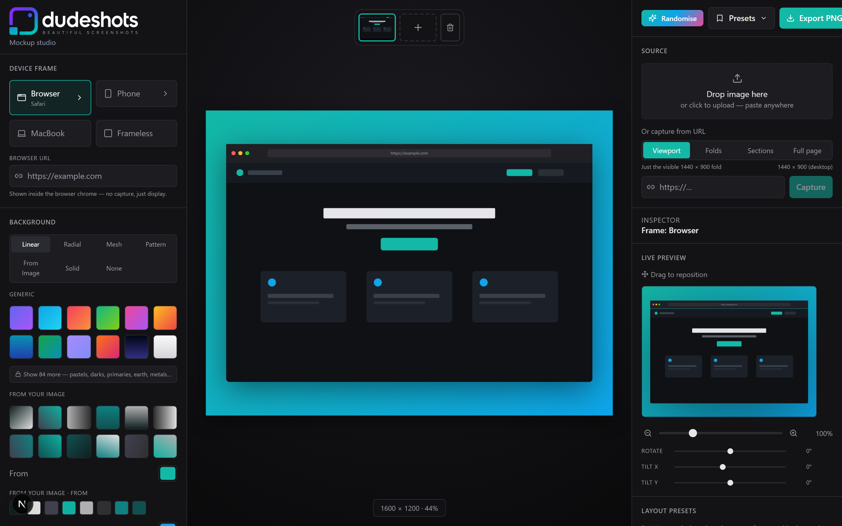 DudeShots editor showing a browser-framed mockup with a teal gradient background